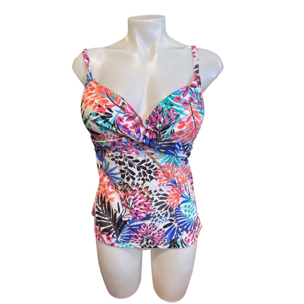 Women's Island Escape Tankini Top Size 12 White Multi-color
